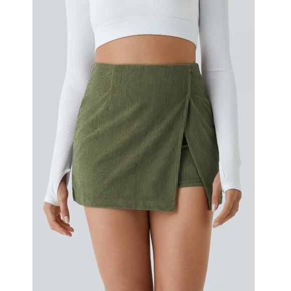 Halara High Waisted Green Back Zipper Split Hem 2-in-1 Corduroy Casual Skirt, S - Picture 1 of 10